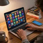 Engage in situs slot gameplay with vibrant online reels spinning on laptop while exploring responsible gaming practices.