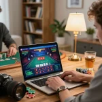 Engaging in strategic blackjack gameplay on kp88 using a laptop, chips scattered, cozy atmosphere.