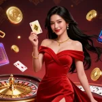 Ikuti pengalaman toto togel yang mendebarkan dengan visual kasino yang penuh warna menampilkan seorang wanita glamor.