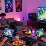 Friends enjoying online games together in an energetic atmosphere, highlighting the fun of gamebaidoithuong is.