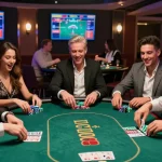 Pajaktoto gaming experience with friends at a lively poker table, vibrant casino atmosphere