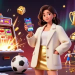 Experience thrilling betting at n188 with a friendly gamer embracing sports betting in a vibrant casino setting.
