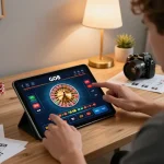 Player engaging with the GO8 app to enjoy an exciting roulette game from a cozy home office.