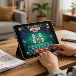 Player engaging with nk 88 online blackjack game on tablet, showcasing strategic betting in a cozy environment.