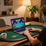 Engaging online gambling experience at NK88 chính thức with player using laptop in cozy setup