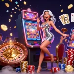 Win big with situs remixtoto as a woman celebrates a jackpot win at a vibrant casino scene.