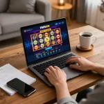 FAFA828 user actively playing online slots with engaging graphics in a cozy home gaming setup