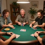 Friends enjoying a lively poker night at home, showcasing the engaging atmosphere around the table and the brand uu88ae.