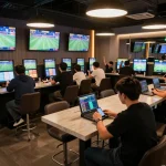 Excited sports bettors engaging with the Net88 app, live events displaying in the background