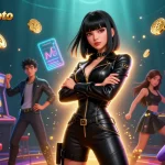 Sriwijayatoto features an Asian woman showcasing casino excitement in a vibrant 3D illustration.