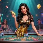 Engage in thrilling deposit cepat slot adventures with a beautiful Asian woman at a VIP baccarat table.