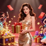 C168 celebrates with a glamorous woman revealing golden coins and festive elements in an exciting casino setting.