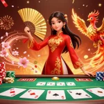 Experience excitement with onbet's stunning casino scene featuring a graceful ao dai woman, poker elements, and a vibrant atmosphere.