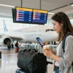 Cardiff Airport from Halifax, traveler checking flight info at vibrant airport terminal.