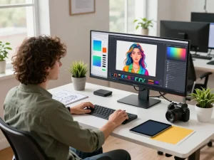 Designer using nano banana 2 at a modern tech workspace with vibrant AI-generated images on display.