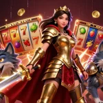Experience excitement with mpo500's dynamic slot scene featuring a warrior queen and vibrant elements.