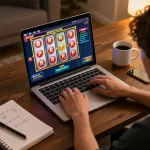 Engaging gamer spinning nổ hũ reels on laptop, showcasing online gaming excitement.