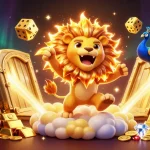SHBET's dynamic casino scene featuring a roaring lion, golden dice, and treasures.