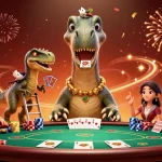 Experience thrilling U888 gaming action with a cartoon brontosaurus in a vibrant casino scene.