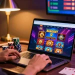 Exciting scene of a player at credit card casinos with games and bonuses displayed on a laptop.