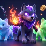Spin big wins at SHBET with vibrant 3D illustration featuring wolves and crypto coins.