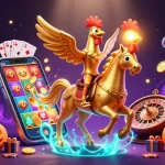 Experience thrilling gameplay with joker77 featuring a golden rooster riding in a lively casino scene.