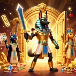 VB88 slots illustration featuring Anubis and Bastet, with gold treasures and jackpot elements.
