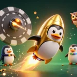 Engage with 888R in a dynamic casino-themed 3D illustration featuring a golden penguin and poker chip.