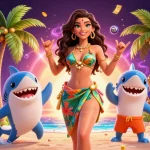 Join the excitement of FABET with vibrant lottery balls and a lively beach scene filled with winnings.