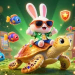 Spin the reels with MM88 in a vibrant casino scene featuring a lucky rabbit and sea turtle.