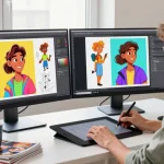 Engaging character design scene focusing on crushon ia avatar creation in a vibrant digital studio.