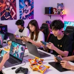Group of friends enjoying hentai games in a vibrant gaming room with colorful decor and anime posters.