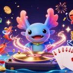 MABAR88 LINK showcases a vibrant casino illustration with a neon axolotl DJ, spinning exciting winnings and lively casino elements.