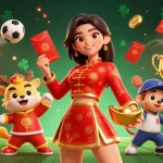 MAY88 players celebrate wins with lively 3D casino elements, enhancing sports betting vibes in an immersive scene.