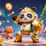 Experience thrilling gaming at LU88 with a dynamic scene of a golden panda robot and crypto elements.