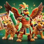 Slot berwarna-warni menghiasi ilustrasi 3D dengan pejuang Aztec dan simbol jackpot, memicu pengalaman bermain yang mendebarkan.