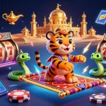 Engage with slot 10rb in a vibrant 3D casino scene filled with Arabian-themed characters and magical elements.