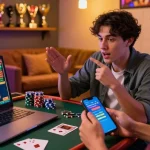 Player experiencing bonus buy slots on a gaming laptop surrounded by casino elements, showcasing excitement and camaraderie.
