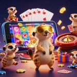 Play with free credit 365 and experience thrilling casino excitement with animated meerkats managing a colorful operation.