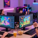 Engaged gamers enjoying CIKA4D platform game, showcasing vibrant online gaming environment.