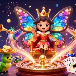 Spin the reels in slot-mahjongways2 featuring a vibrant casino scene with a butterfly queen and golden coins.