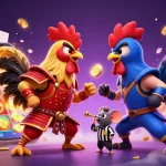 Engage with iwin's thrilling gameplay featuring samurai and ninja roosters in a dynamic 3D casino scene.