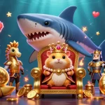 Baccarat gaming scene featuring a golden hamster king with royal guards set against vibrant arcade elements.