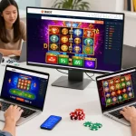 Engaging players immersed in 68gamebai's online casino experience, showcasing vibrant graphics and digital interactions.