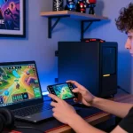 Raja Game login screen displayed on a smartphone in a vibrant gaming corner.