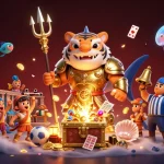 Engage in the excitement of sports betting with tylekeonhacai, featuring a dynamic scene of a tiger shark hero and treasure.