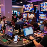 Exciting players engaging with bonus buy slots in a lively online casino environment filled with colorful machines.