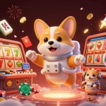 Slot online interaktif dengan astronaut corgi, kasino luar angkasa, dan elemen permainan yang meriah.