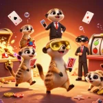 Experience the excitement of situs mahjong with lively meerkat dealers in a vibrant casino scene.