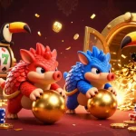 Experience the excitement of thailand slot as pangolins roll golden balls, with vibrant casino elements surrounding them.